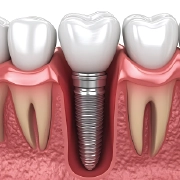 Cross-section of a dental implant between natural teeth